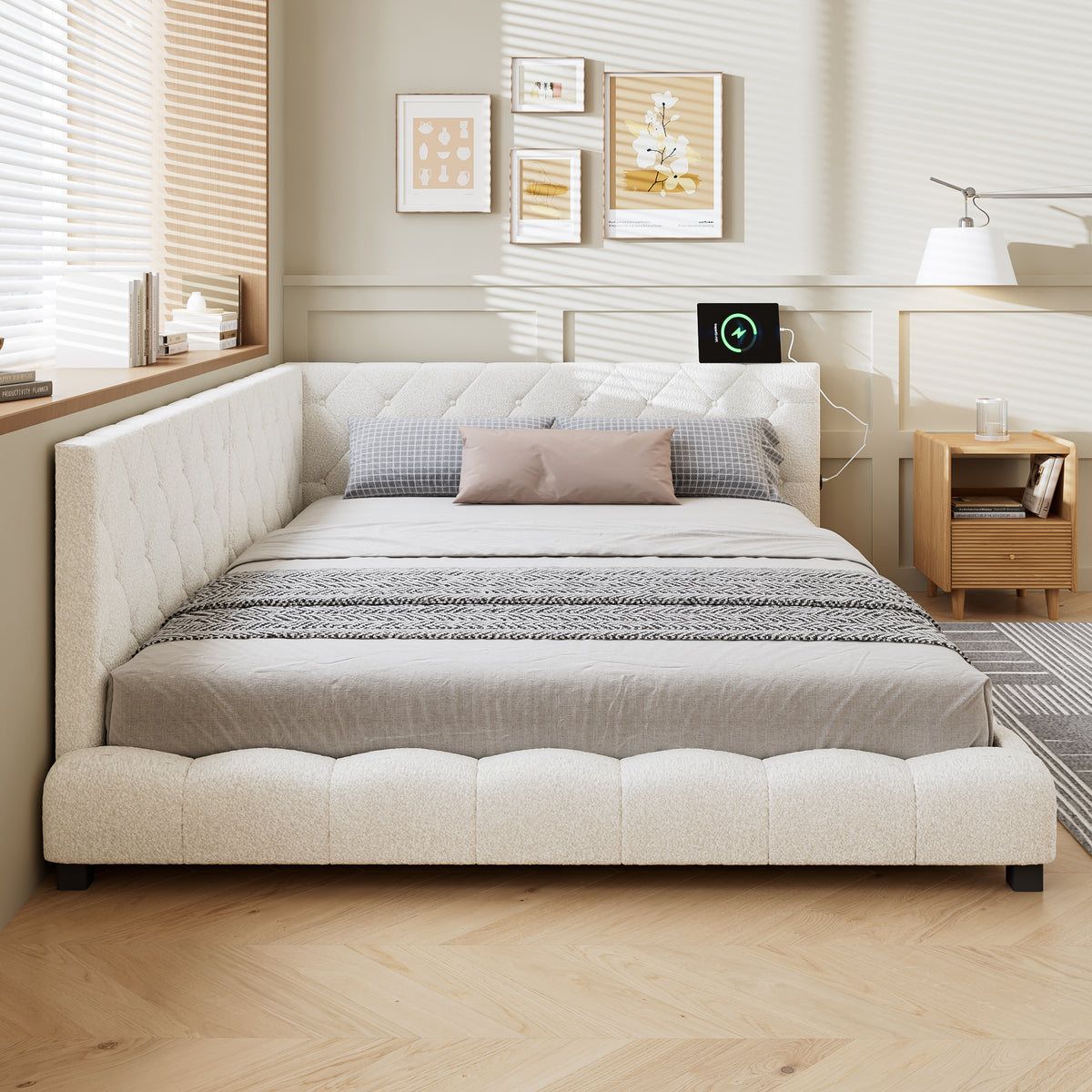 Upholstered Bed, 4ft6 Double Bed 135x190cm, With Side Rails On The Bed, With Two Comfortable Headboards, Boucle  Plywood, Beige