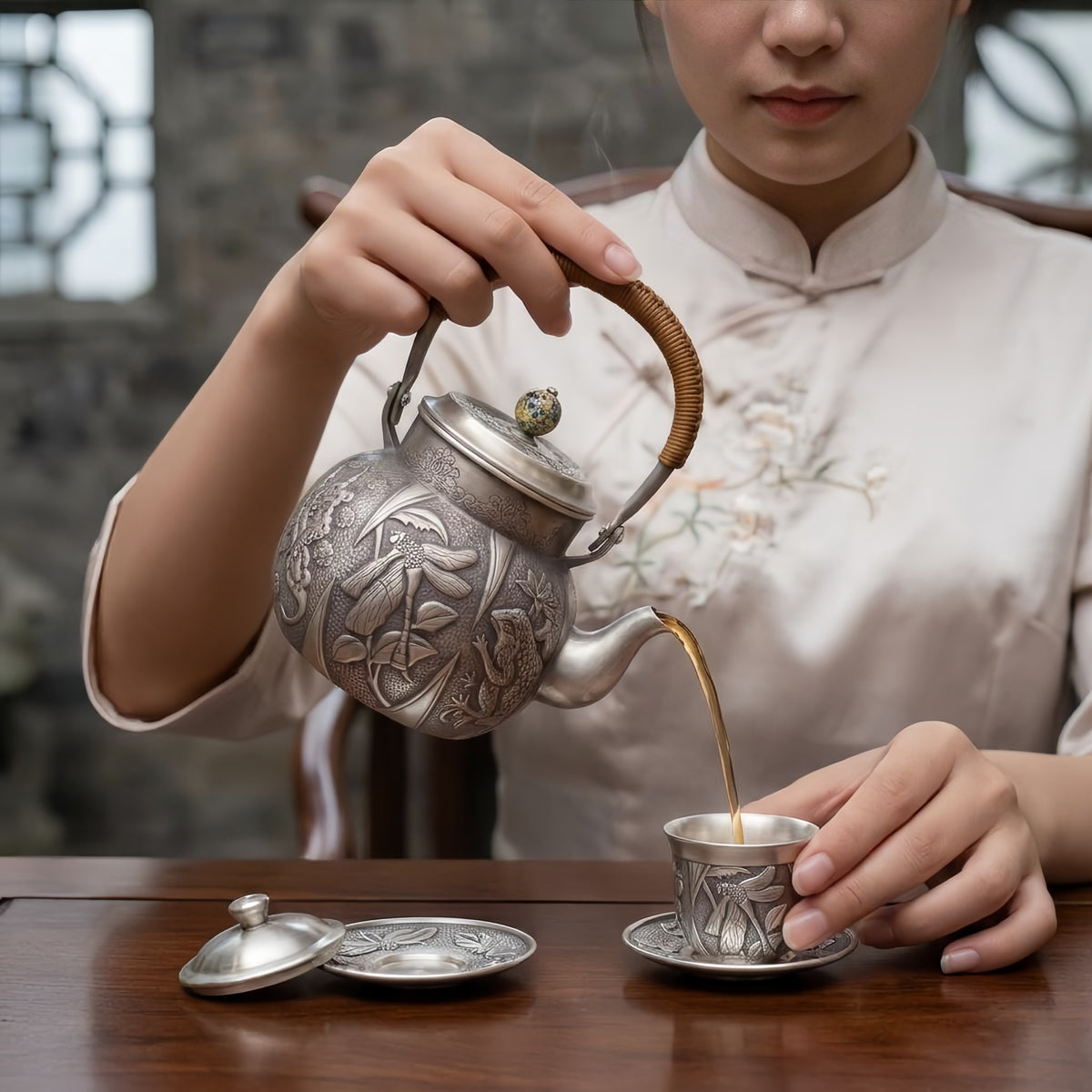 925 Sterling Silver Artisan Silver-Toned Teapot with Dragonfly, Butterfly, and Frog Nature Relief - Handicraft