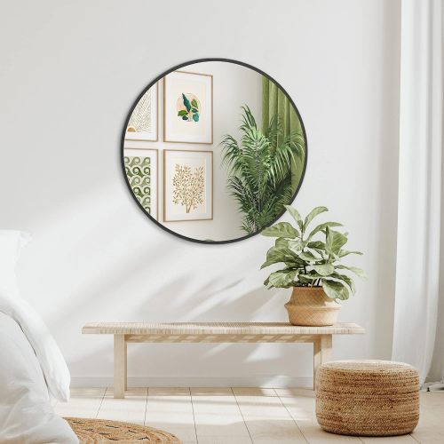 32 Inch Black Metal Framed Round Bathrrom Mirror For Wall.