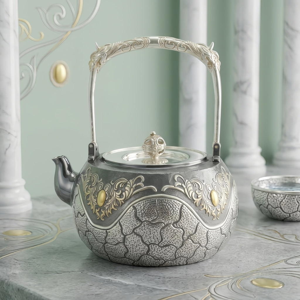 925 Sterling Silver Handcrafted Ornate Silver Teapot with Intricate Engravings and a High Decorative Arched Handle - Handicraft