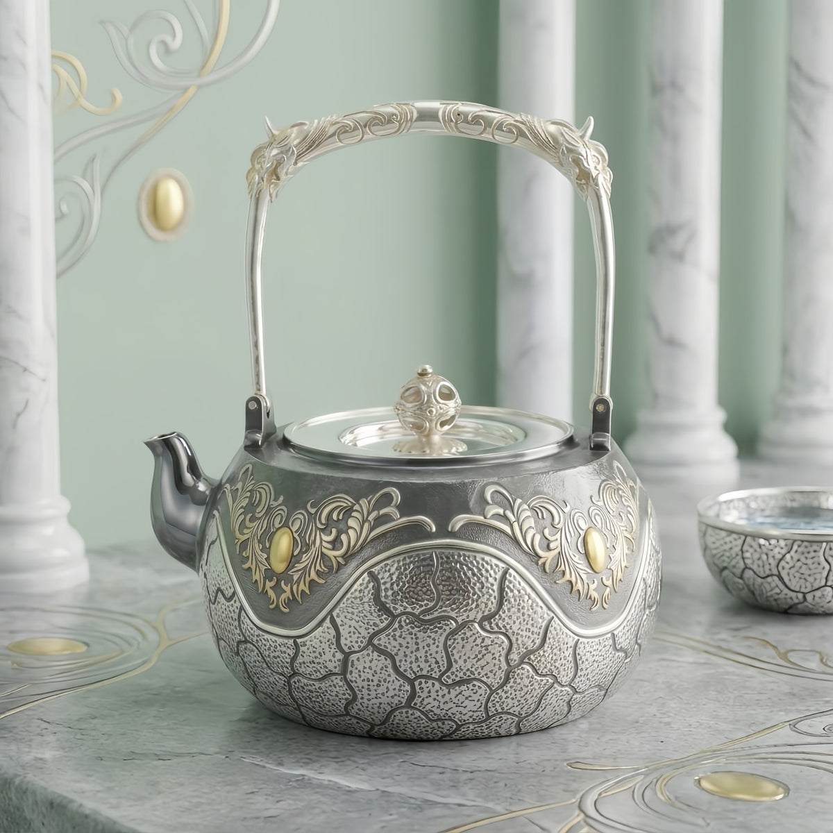 925 Sterling Silver Handcrafted Ornate Silver Teapot with Intricate Engravings and a High Decorative Arched Handle - Handicraft