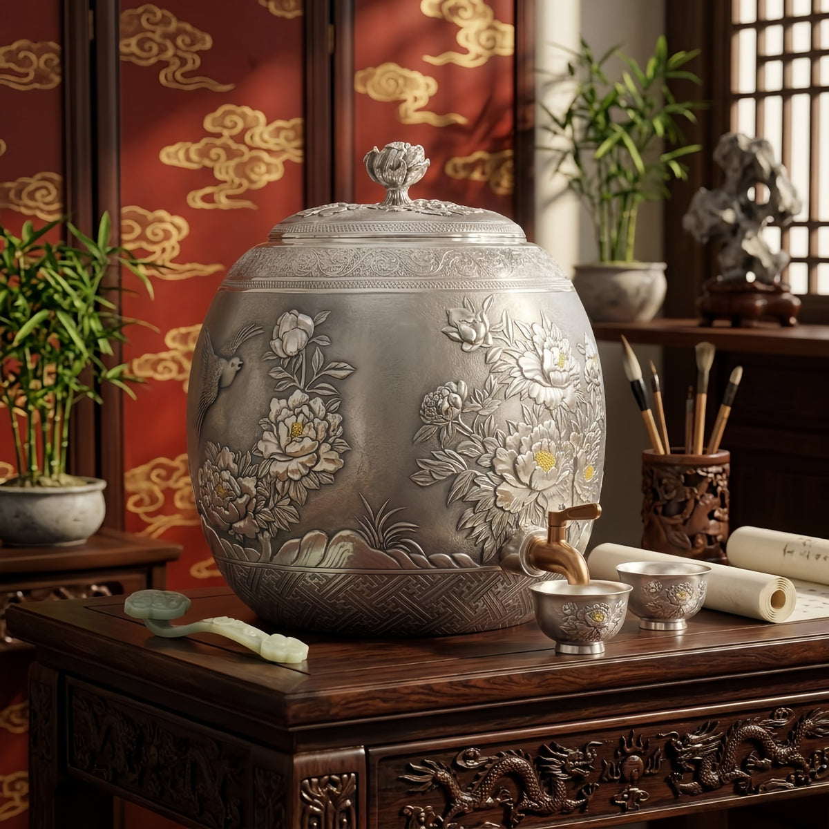 Pure 999 Fine Silver Handcrafted Silver Peony Flower Water Dispenser with Ornate Embossed Bird and Floral Motifs - Handicraft