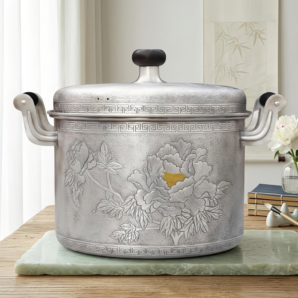 Pure 999 Fine Silver Hand-Engraved Silver Cooking Pot Featuring Elegant Peony Floral Motifs and Traditional Geometric Borders - Handicraft