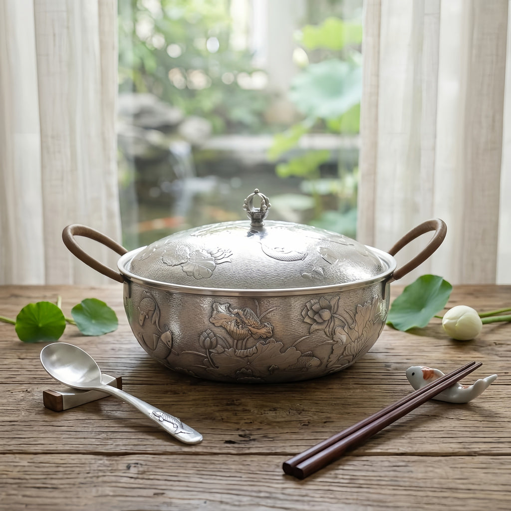 925 Sterling Silver Elegant Silver Lotus and Fish Relief Covered Pot with Wrapped Handles - Handicraft