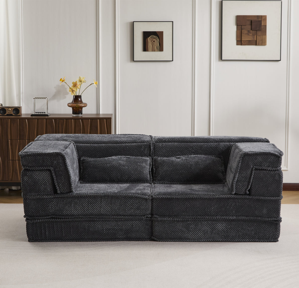 Compression Mahjong Sofa,Convertible Floor Sofa Bed,DIY Boneless Modular Sectional Sofa,No Assembly Required,Circle Fleece Fabric,Modern Oversized Loveseat,Dark Grey