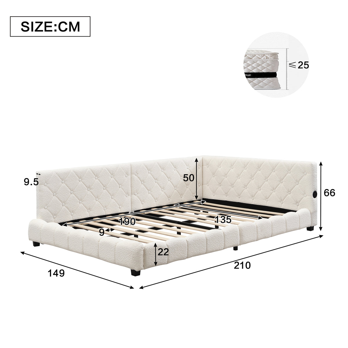 Upholstered Bed, 4ft6 Double Bed 135x190cm, With Side Rails On The Bed, With Two Comfortable Headboards, Boucle  Plywood, Beige