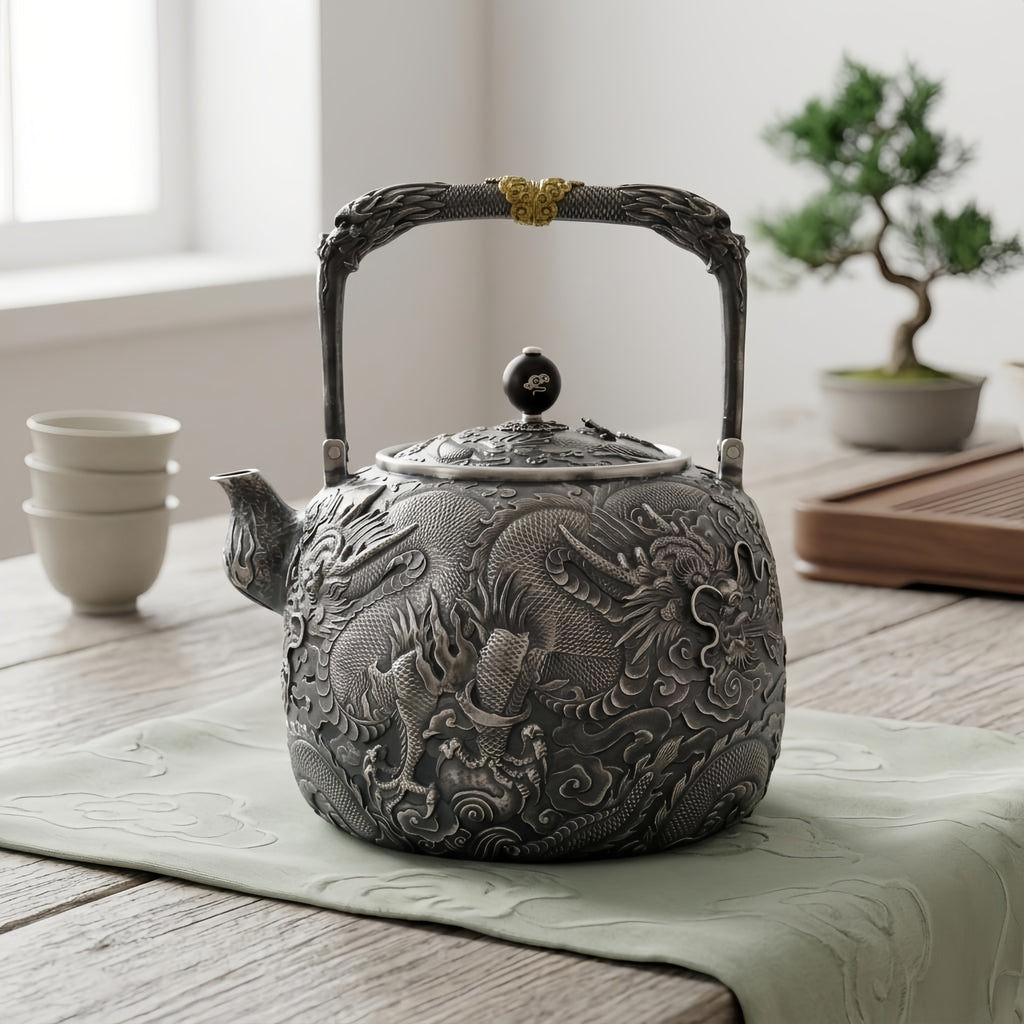 Pure 999 Fine Silver Majestic Hand-Crafted Silver Dragon Teapot with Exquisite Relief Artistry - Handicraft