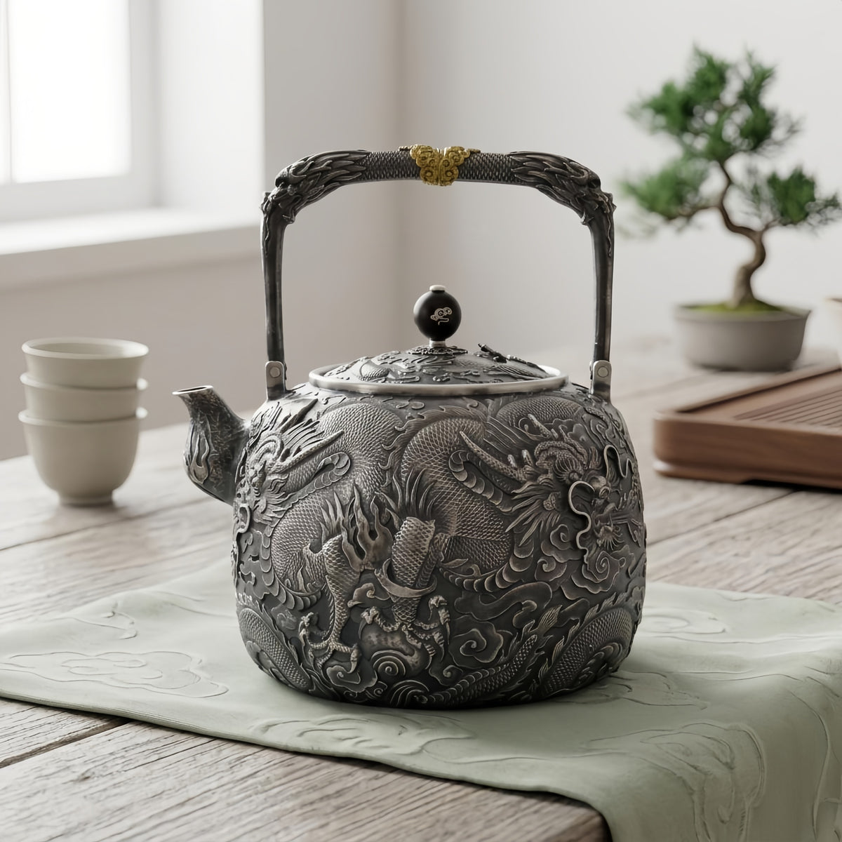 Pure 999 Fine Silver Majestic Hand-Crafted Silver Dragon Teapot with Exquisite Relief Artistry - Handicraft
