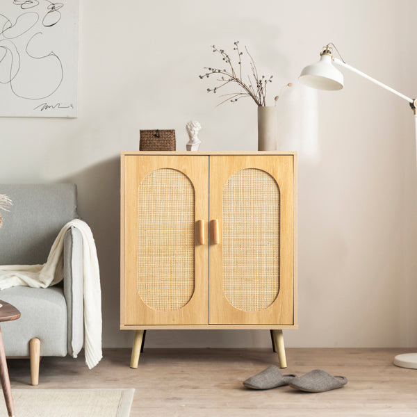 2-door Vertical Cabinet Type With High Stilt Oval Rattan Shoe Cabinet MDF Paste Triamine 68X40X83.5cm Wood Color