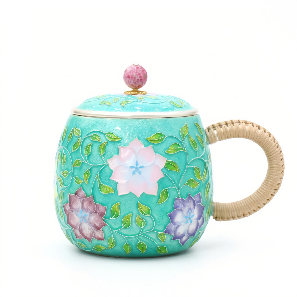 925 Sterling Silver Elegant Turquoise Cloisonné Floral Mug with Woven Handle and Matching Lid - Handicraft