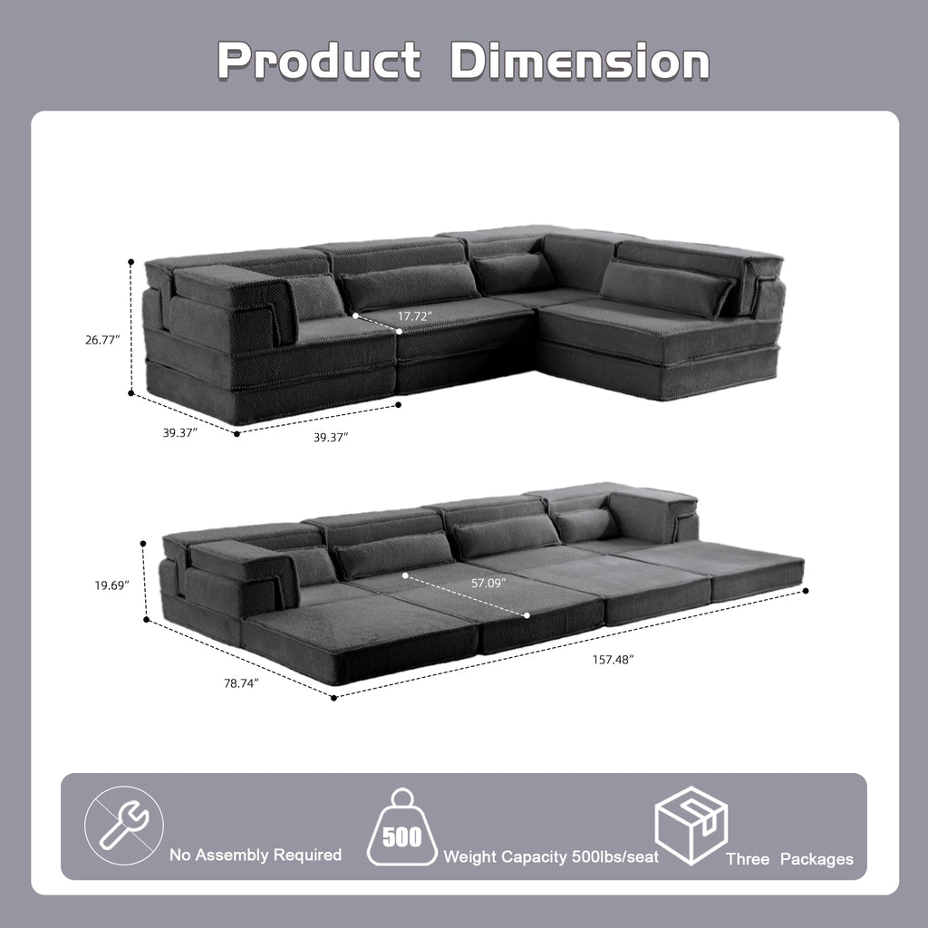 Compression Mahjong Sofa,Convertible Floor Sofa Bed,DIY Boneless Modular Sectional Sofa,No Assembly Required,Circle Fleece Fabric,Oversized 4 Seater With 4 Pillows,Dark-grey