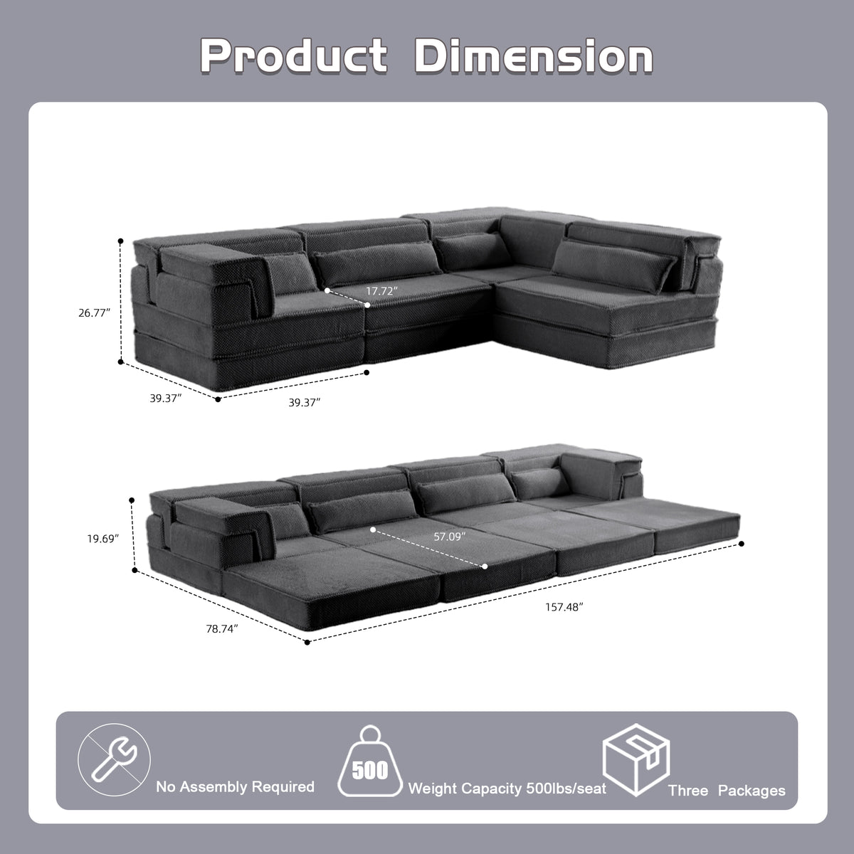 Compression Mahjong Sofa,Convertible Floor Sofa Bed,DIY Boneless Modular Sectional Sofa,No Assembly Required,Circle Fleece Fabric,Oversized 4 Seater With 4 Pillows,Dark-grey