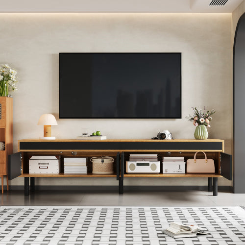 TV Cabinet, TV Table, TV Panel, Low Cabinet With Four Doors. Fine Texture. Black And Wood Color.