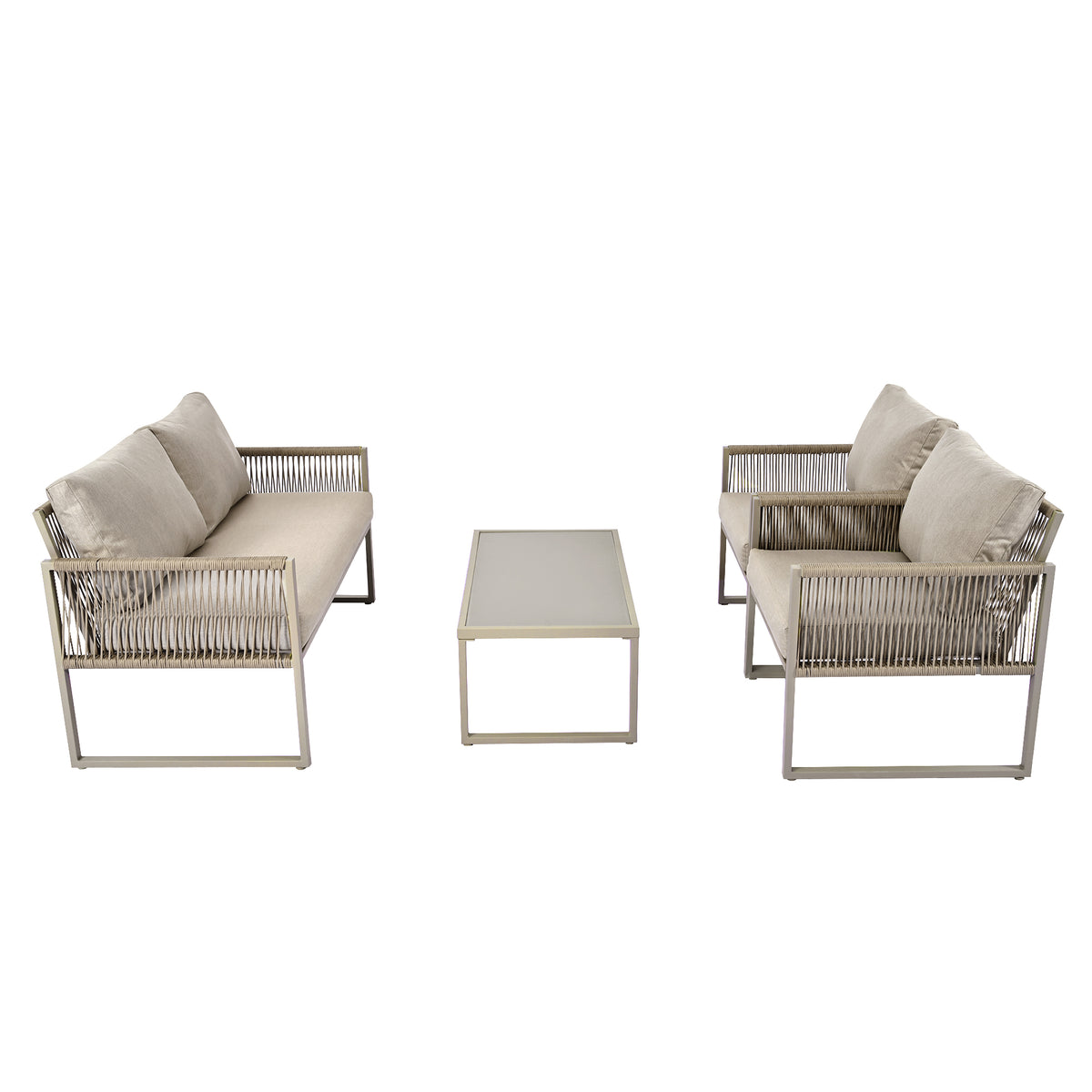 Outdoor Patio&Backyard Furniture Garden Lounge Set For 4 People, Thick Quality Space Saving Sofa With Glass Coffee Table, Khaki