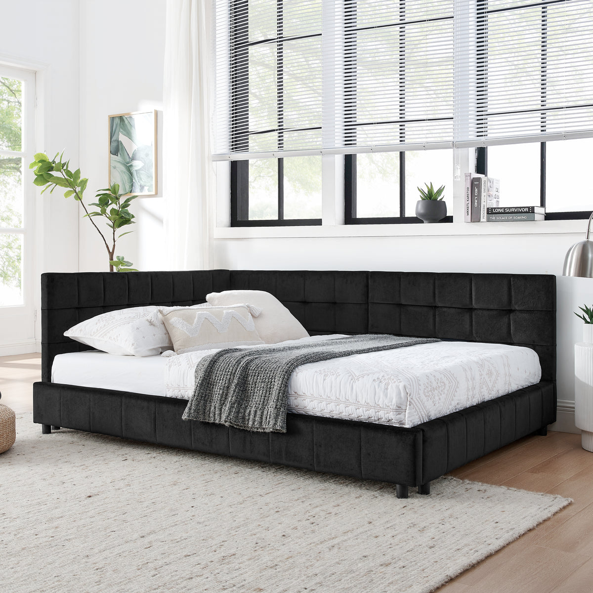 Full Size Upholstered Tufted  Bed Frame, Sofa Bed Frame With Comfortable Backrest And Armrests, Full Size Bed For Bedroom, Living Room,Velvet, Black 80.5x59x30.5