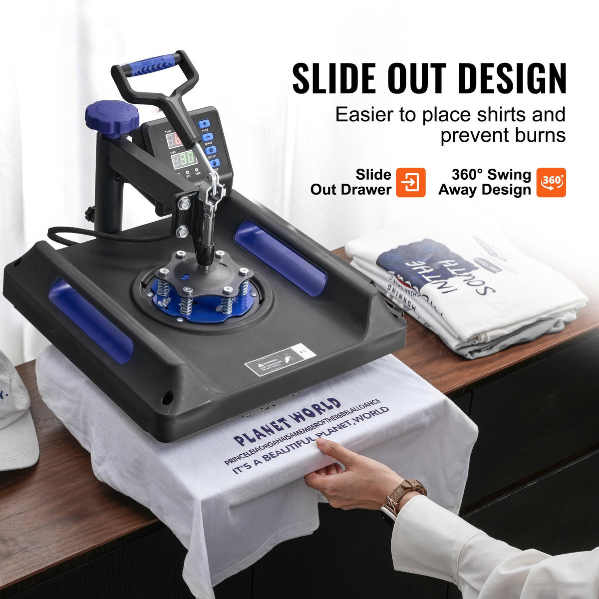 Heat Press Machine, 15 X 15 Inch, Digital T-Shirt Pressing, Teflon Coating, For T-Shirts/Mugs/Hats/Plates, Black+Blue