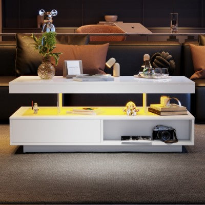 Led Coffee Table With 2 Drawer Storage, High Gloss Coffee Table