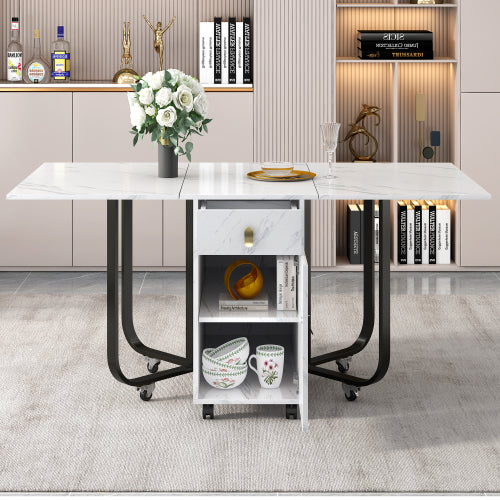 Folding Dining Table 1 Piece With Cupboard And 2 Drawers, Folding Kitchen Utility Table, Space-saving Dining Table With 4 Supporting Legs On Gliders White  Black