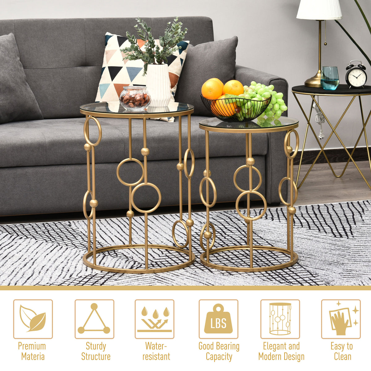 Nesting Round Coffee Table Set Of 2 - Gold Tone