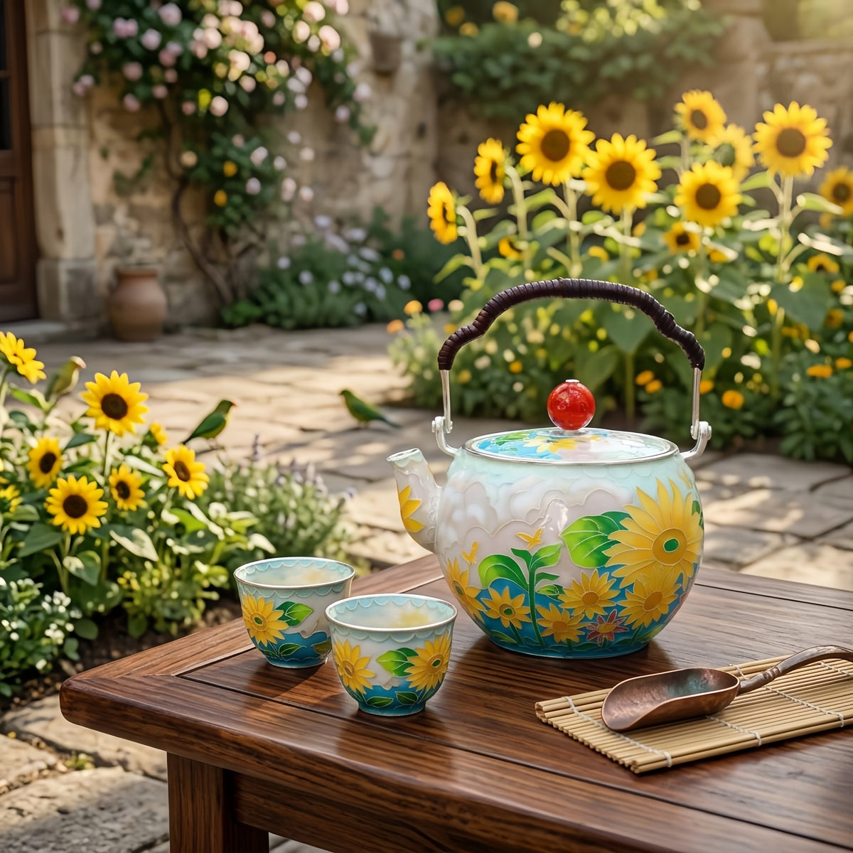 Pure 999 Fine Silver Handcrafted Floral Cloisonné Teapot with Vibrant Sunflowers and Decorative Red Lid Knob - Handicraft