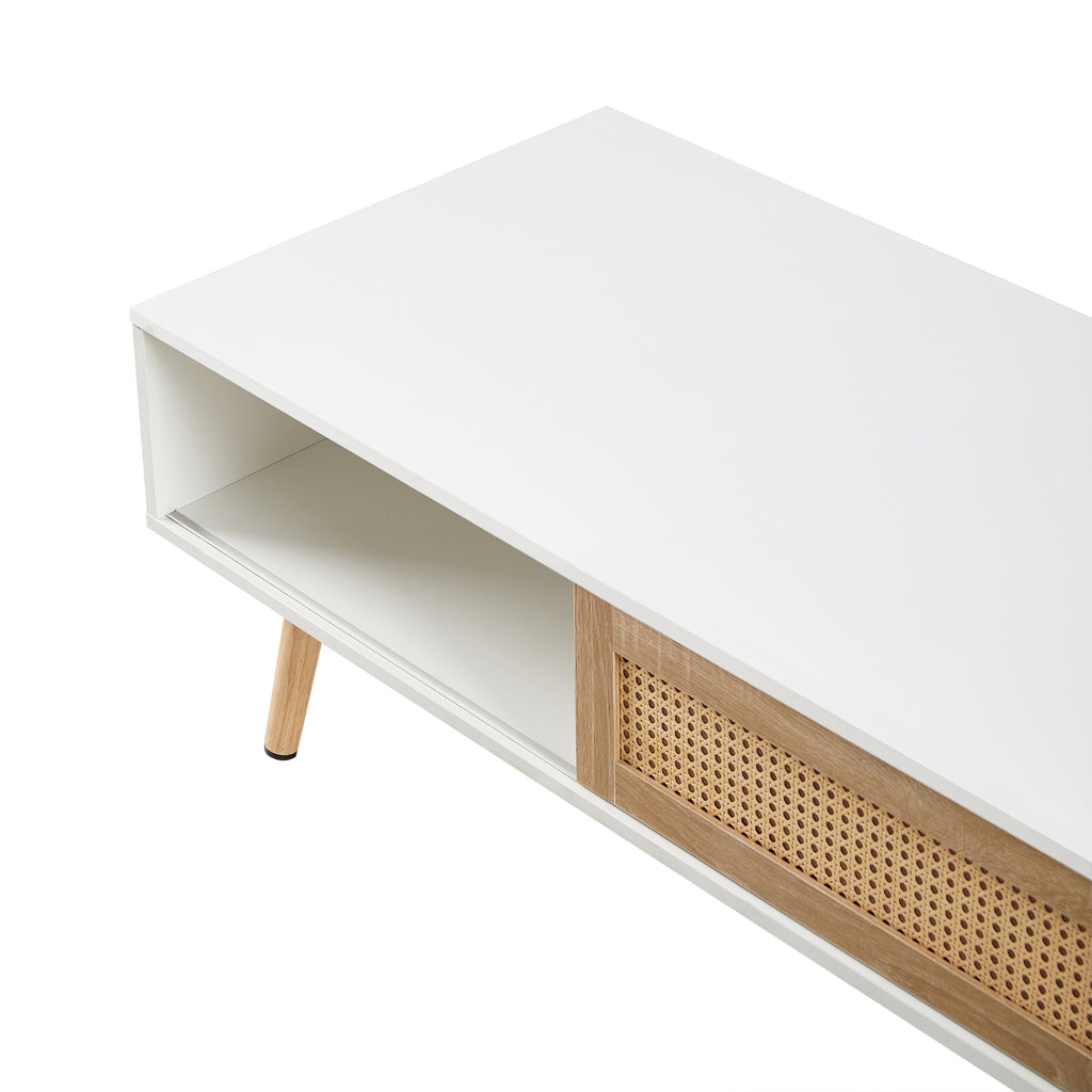 Rattan Coffee Table With Sliding Door And Solid Wood Legs
