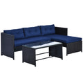 3 Piece Patio Furniture Set, Rattan Outdoor Sofa Set with Chaise Lounge & Loveseat, Soft Cushions, Tempered Glass Table, L-Shaped Sectional Couch, Blue