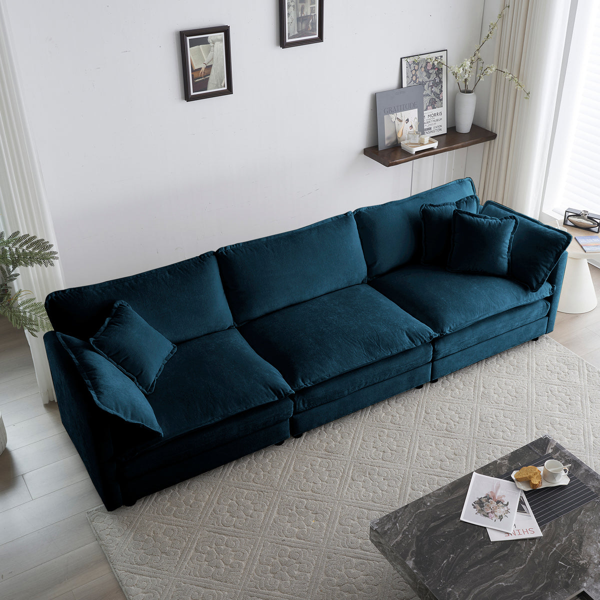 Mid-Century Modern Couch 3-Seater Sofa With 2 Armrest Pillows And 3 Toss Pillows, Couch For Living Room Blue Chenille