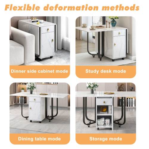 Folding Dining Table 1 Piece With Cupboard And 2 Drawers, Folding Kitchen Utility Table, Space-saving Dining Table With 4 Supporting Legs On Gliders White  Black