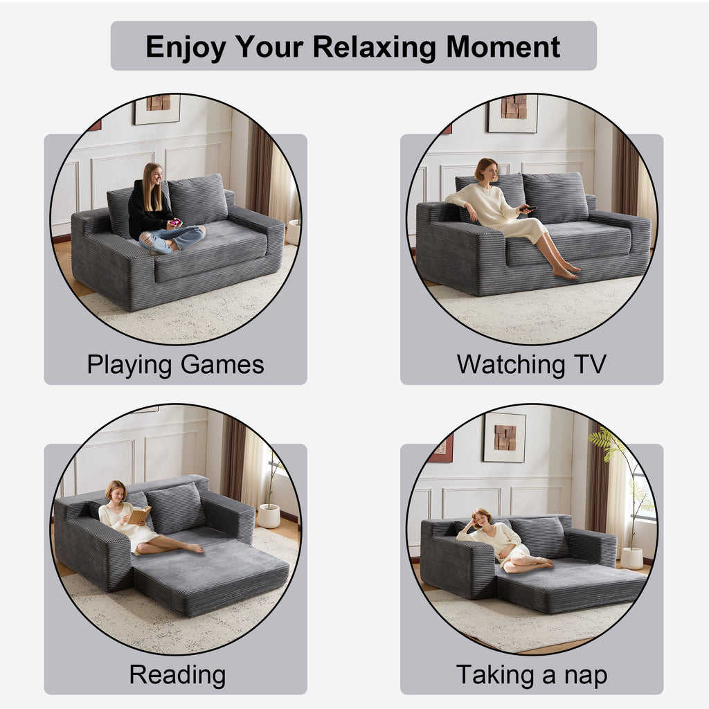 Loveseat Sofa, Comfortable Deep Seat Sofa Bed, Modern Small Corduroy Couch For Living Room Bedroom,Reversible Cushion With Pillows,No Assembly Required,Dark-grey