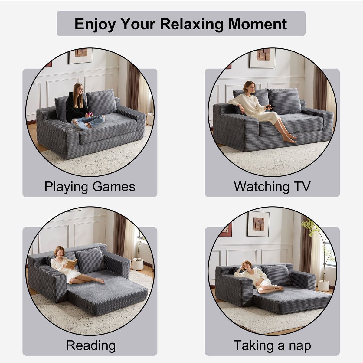 Loveseat Sofa, Comfortable Deep Seat Sofa Bed, Modern Small Corduroy Couch For Living Room Bedroom,Reversible Cushion With Pillows,No Assembly Required,Dark-grey