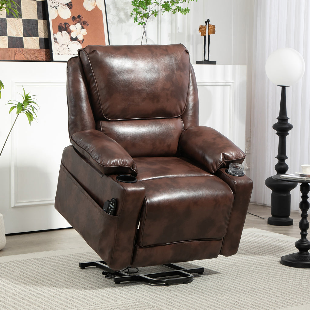 Power Lift Chair for Elderly, Faux Leather Recliner Sofa with Vibration Massage and Heat, Remote, Side Pockets, Brown