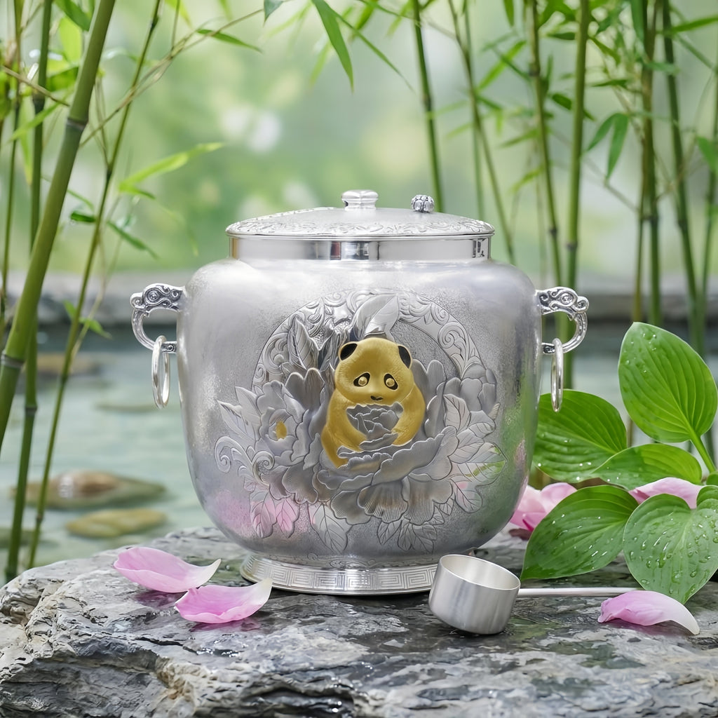 Pure 999 Fine Silver Exquisite Silver Jar Featuring a Gilded Panda and Lush Floral Engravings - Handicraft