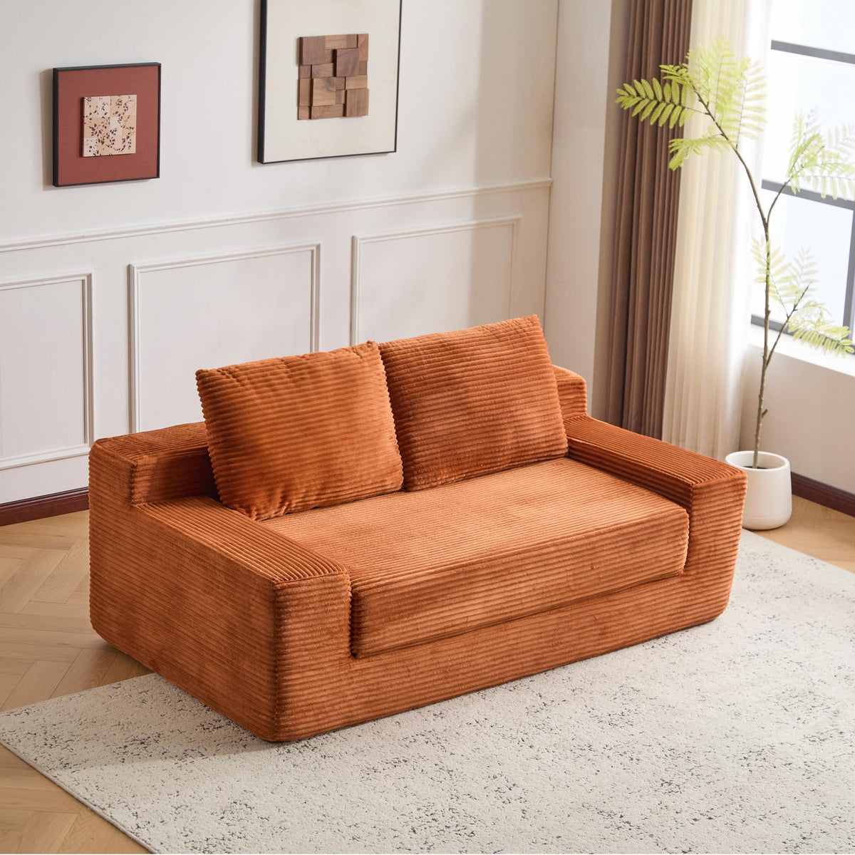 Loveseat Sofa, Comfortable Deep Seat Sofa Bed, Modern Small Corduroy Couch For Living Room Bedroom,Reversible Cushion With Pillows,No Assembly Required,Orange