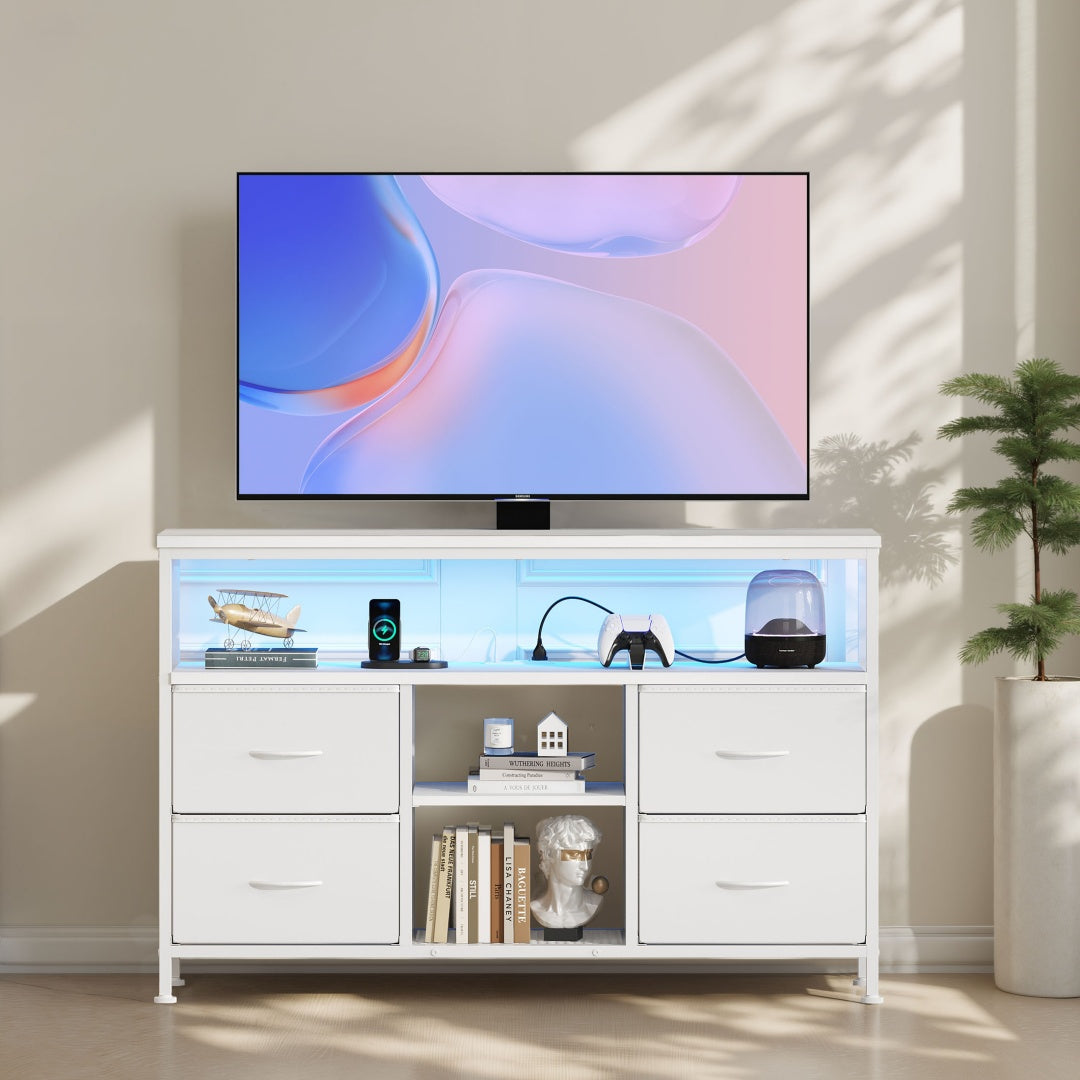 TV Stand, 4 Drawers, With LED Lights And Power Sockets, 50-inch TV Living Room Furniture, With Open Shelves And Adjustable Feet