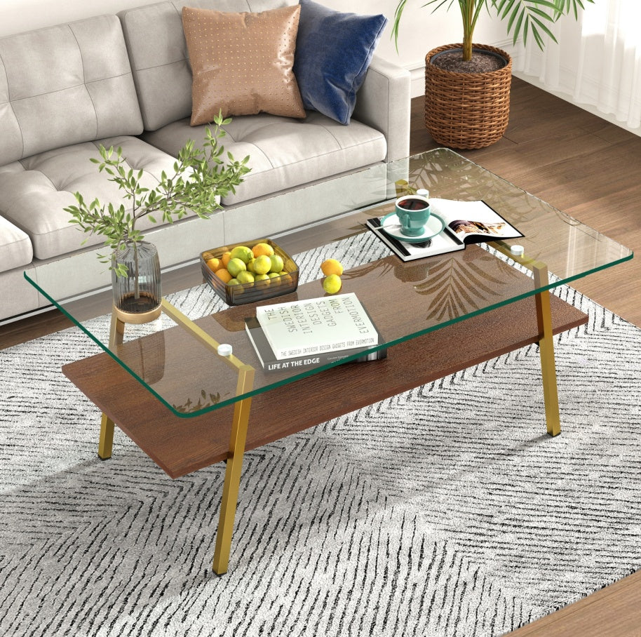 Rectangle Coffee Table, Tempered Glass Tabletop With Gold Metal Legs, Modern Table For Living Room