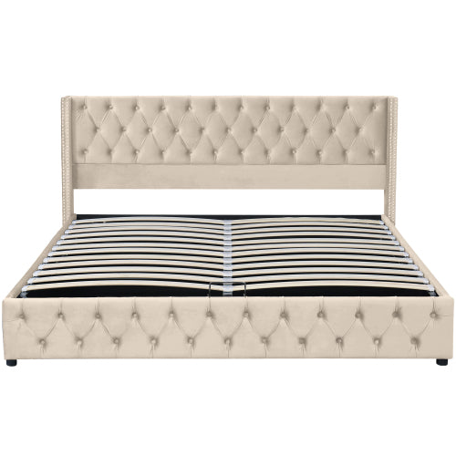 Upholstered Bed, With Hydraulic Lever, Functional Bed From Storage, 150 X 200 Cm, Without Mattress, Velvet, Beige