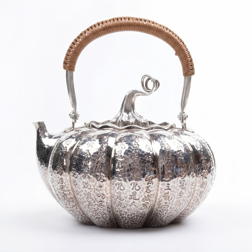 Pure 999 Fine Silver Hand-Hammered Silver Pumpkin Teapot with Calligraphy Inscriptions and Rattan Handle - Handicraft