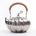 Pure 999 Fine Silver Hand-Hammered Silver Pumpkin Teapot with Calligraphy Inscriptions and Rattan Handle - Handicraft