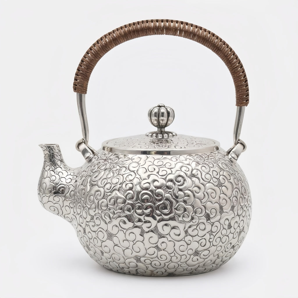 Pure 999 Fine Silver Elegant  Teapot with Intricate Cloud Motif and Ornate Woven Handle-Fine large teapot - Handicraft