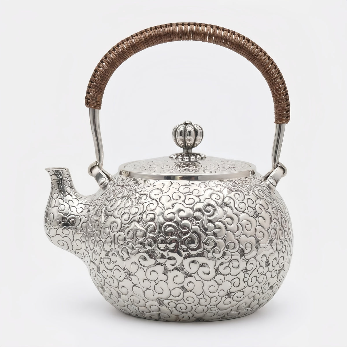 Pure 999 Fine Silver Elegant  Teapot with Intricate Cloud Motif and Ornate Woven Handle-Fine large teapot - Handicraft