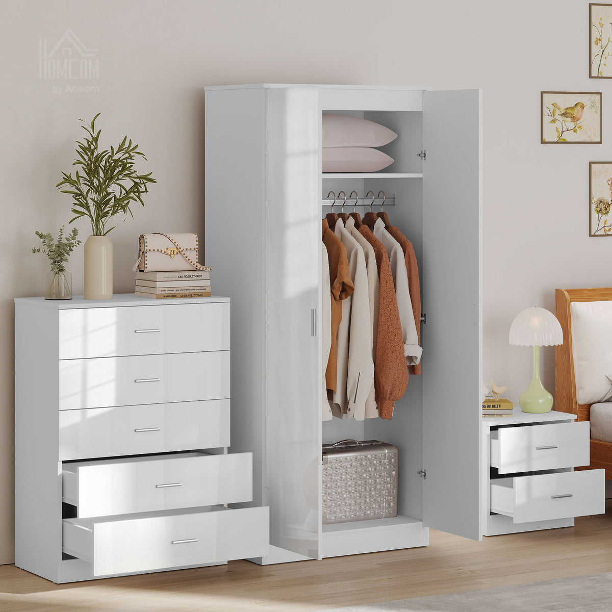 High Gloss 3 Piece Trio Bedroom Furniture Set Wardrobe + Chest Of Drawer + Bedside White