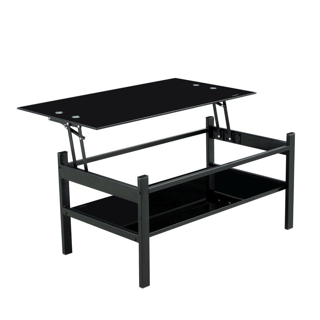 Glass Lift Top Coffee Table, 2-Layer Tempered Glass, Modern Simple, Black