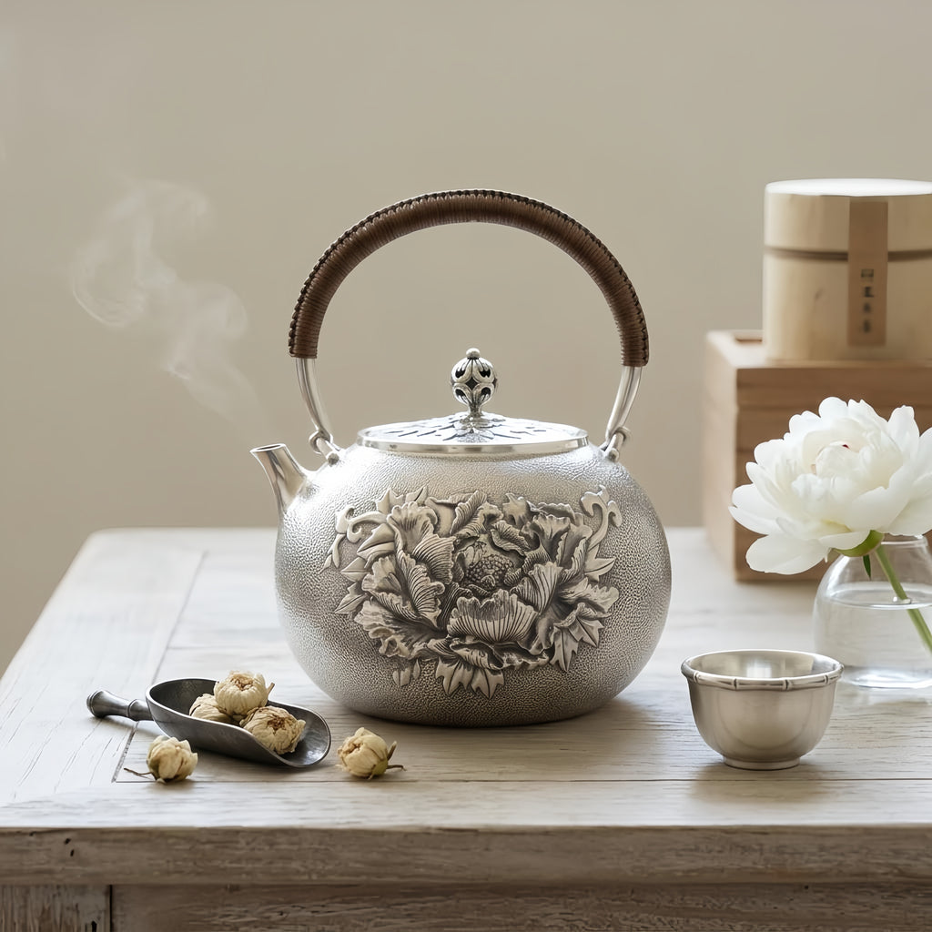 Pure 999 Fine Silver Elegant  Teapot with Intricate Floral Embossing and Woven Handle-Fine large teapot - Handicraft