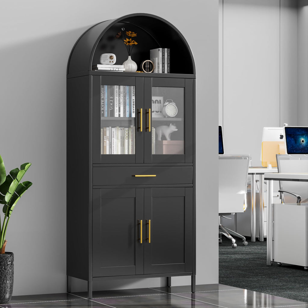 73 Inch Metal Tall Arched Display Cabinet, Metal Arched Bookshelf With Doors,Shelves,Drawers, Modern Freestanding Bookcase For Home Office Bar Living Room ,Black