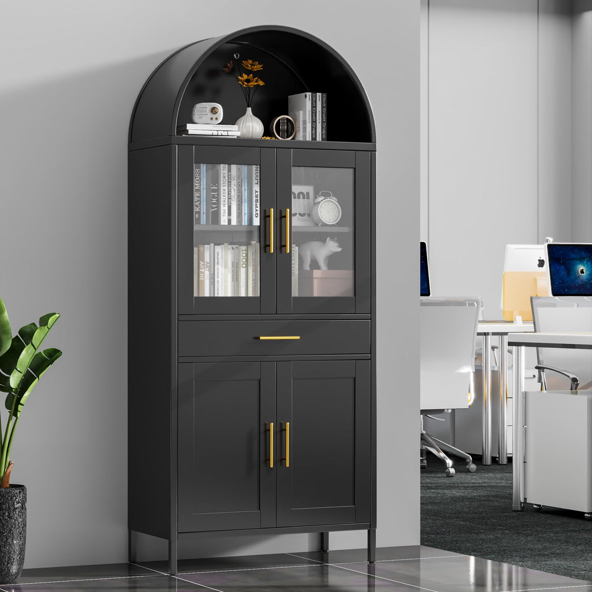 73 Inch Metal Tall Arched Display Cabinet, Metal Arched Bookshelf With Doors,Shelves,Drawers, Modern Freestanding Bookcase For Home Office Bar Living Room ,Black