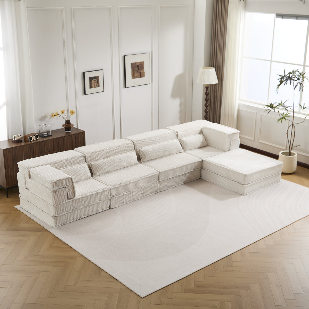 Compression Mahjong Sofa,Convertible Floor Sofa Bed,DIY Boneless Modular Sectional Sofa,No Assembly Required,Circle Fleece Fabric,Oversized 4 Seater With 1 Ottoman,White