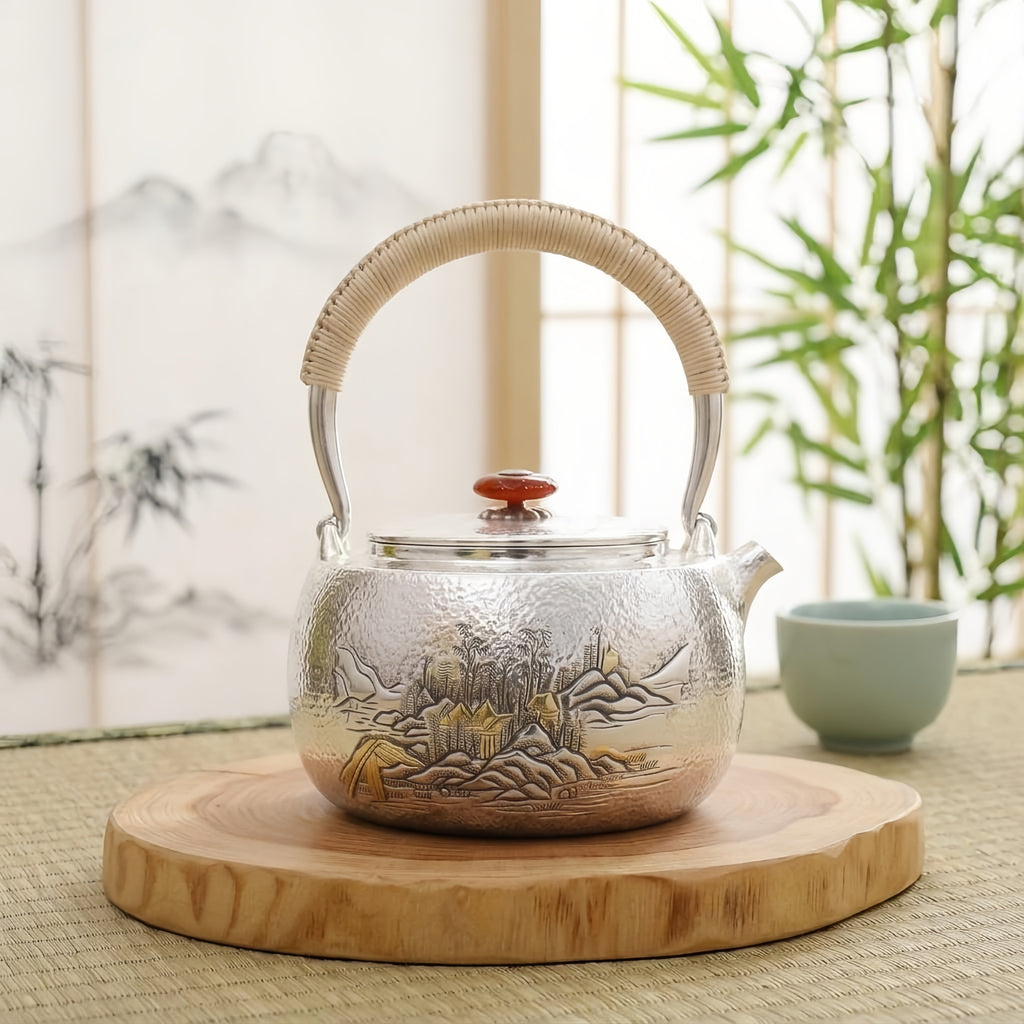 Pure 999 Fine Silver Handcrafted  Teapot with Bamboo Handle and Engraved Landscape Artwork-Fine large teapot - Handicraft