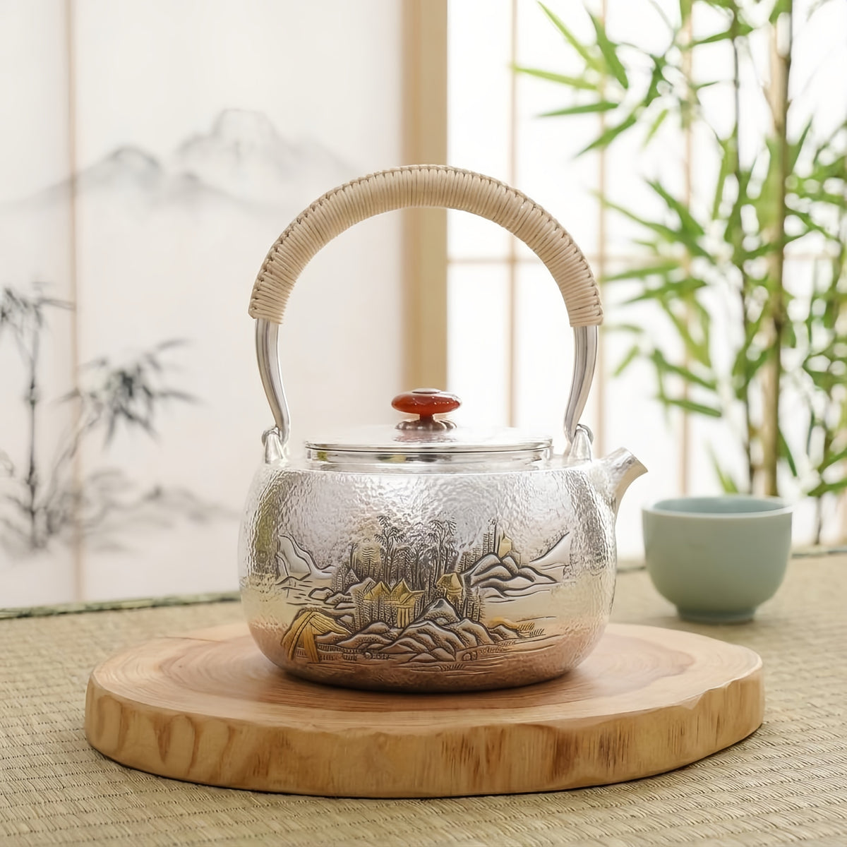Pure 999 Fine Silver Handcrafted  Teapot with Bamboo Handle and Engraved Landscape Artwork-Fine large teapot - Handicraft