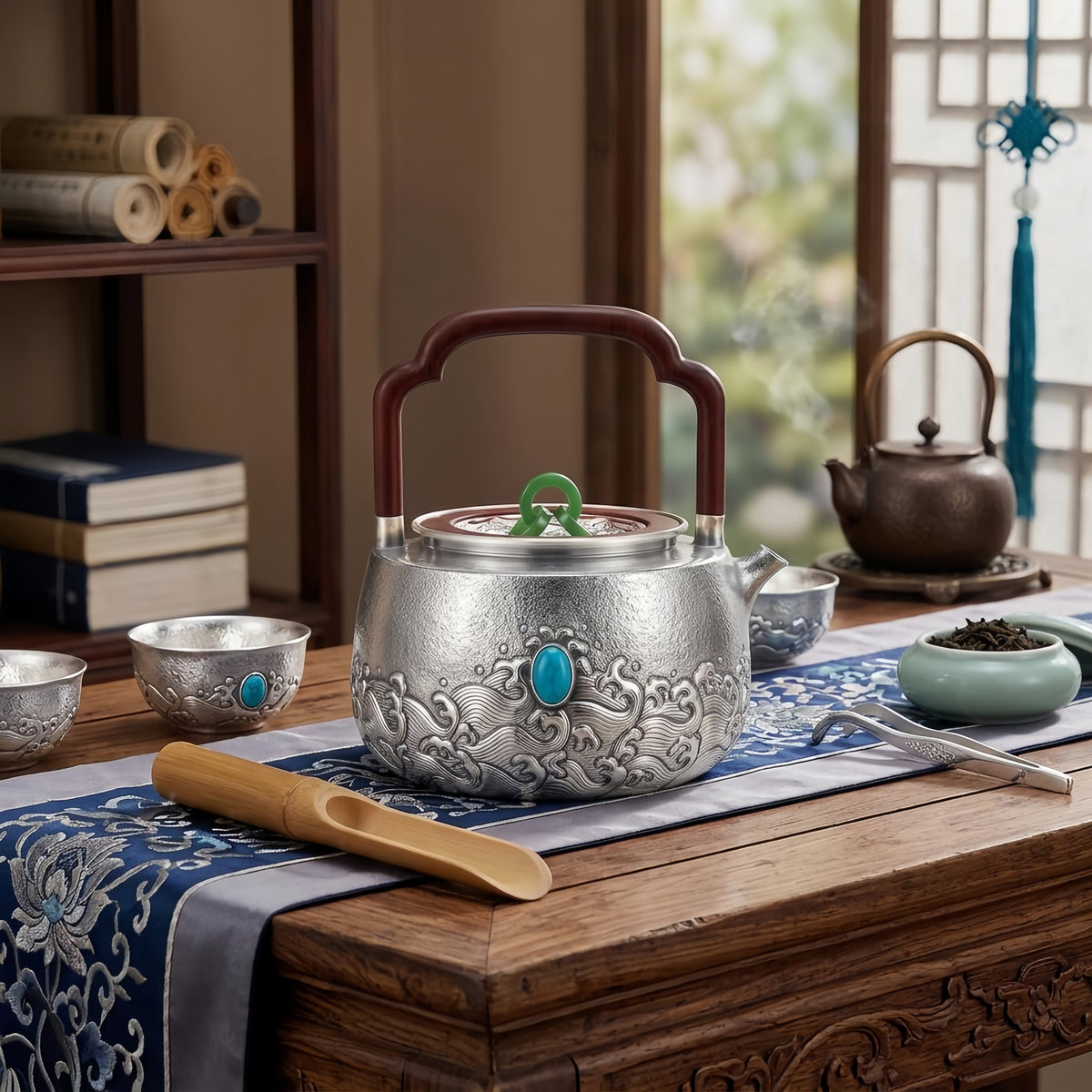 925 Sterling Silver Handcrafted Silver Teapot Featuring Turquoise Gemstone, Green Jade Lid Ring, and Rosewood Handle - Handicraft