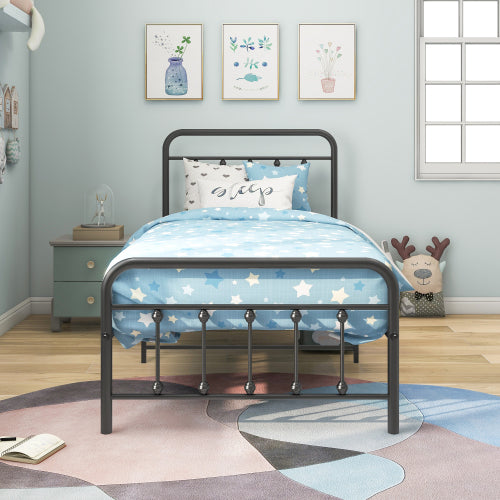 Metal Platform Bed Frame, Victorian Style HeadboardFootboard  Under Bed Storage  No Box Spring Needed Twin Size Black